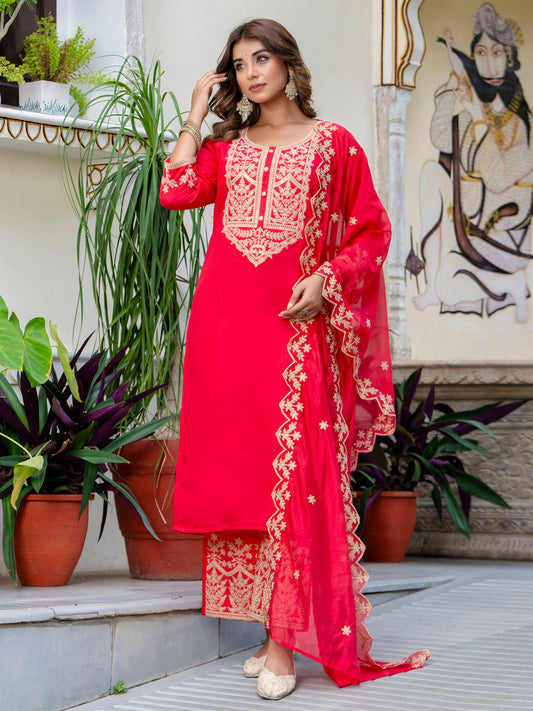 Women's Embroidered Silk Blend Calf Length Straight Kurta with Palazzo & Dupatta Set - FitVibe Fashion