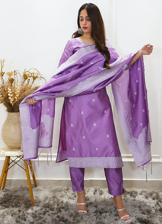 Vedhika Womens Embroidered Cotton Blend Kurta Pant Set with Banarasi Silk Dupatta Elegant Ethnic Wear - FitVibe Fashion