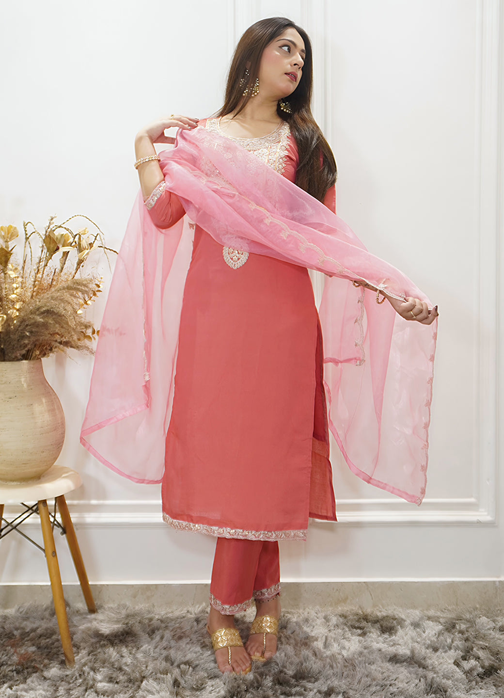 Sohbat Peach Silk Blend Calf Length Embroidered Straight Suit Set - FitVibe Fashion