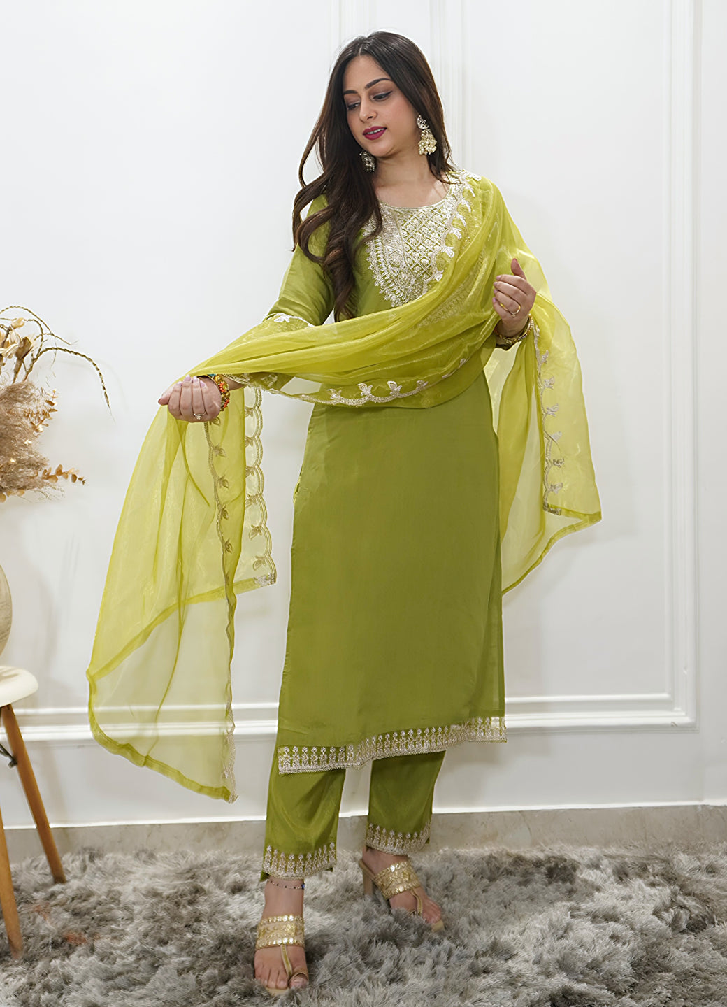 Saubhagyavati Pista Silk Blend Calf Length Embroidered Straight Suit Set - FitVibe Fashion