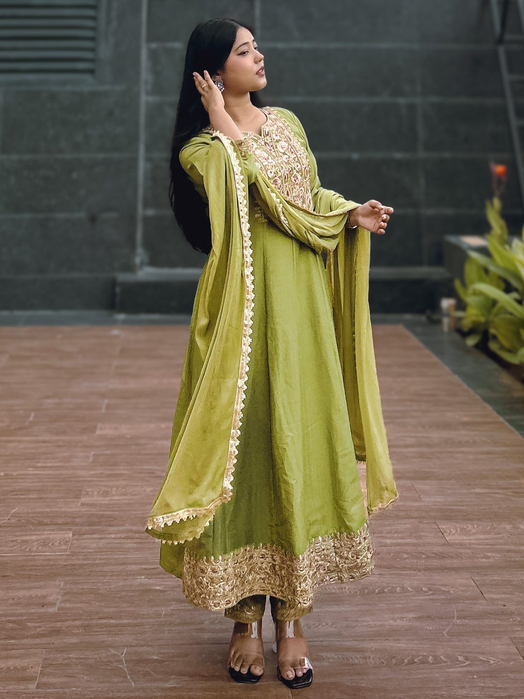 Anushka Mehndi Festive Embroidered Russian Silk Mehndi Anarkali Set - FitVibe Fashion