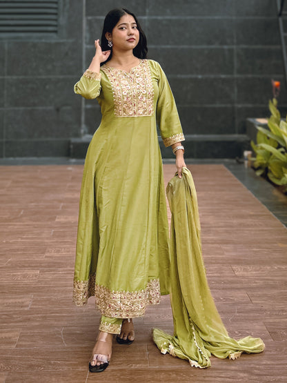 Anushka Mehndi Festive Embroidered Russian Silk Mehndi Anarkali Set - FitVibe Fashion