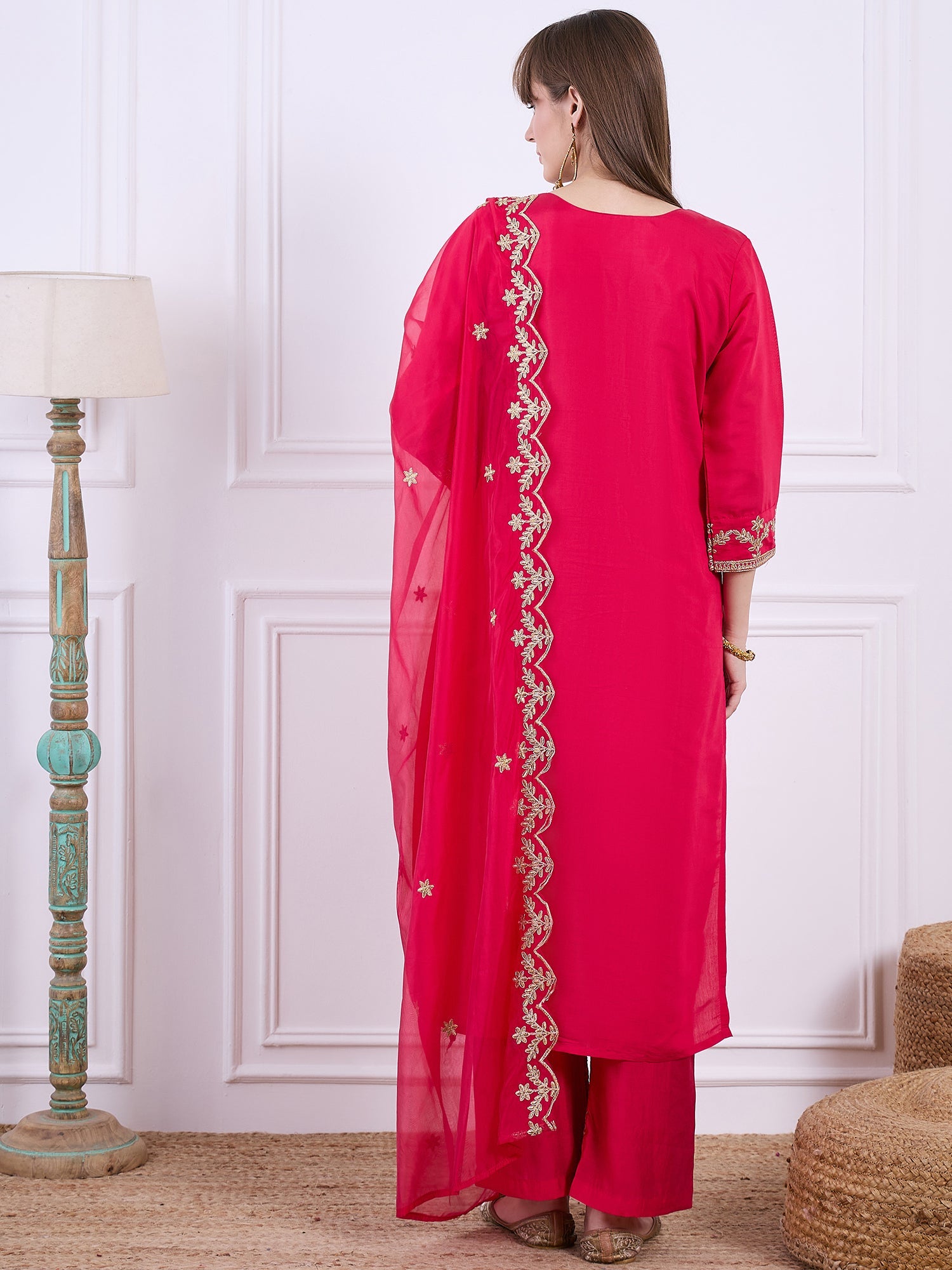 Heer Pink Floral Embroidered Thread Work Kurta with Palazzo & Dupatta Suits - FitVibe Fashion