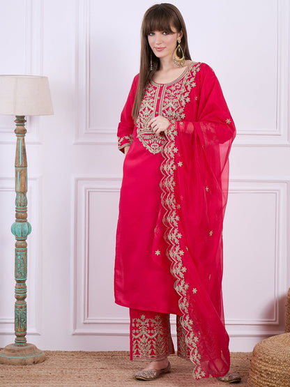 Heer Pink Floral Embroidered Thread Work Kurta with Palazzo & Dupatta Suits - FitVibe Fashion