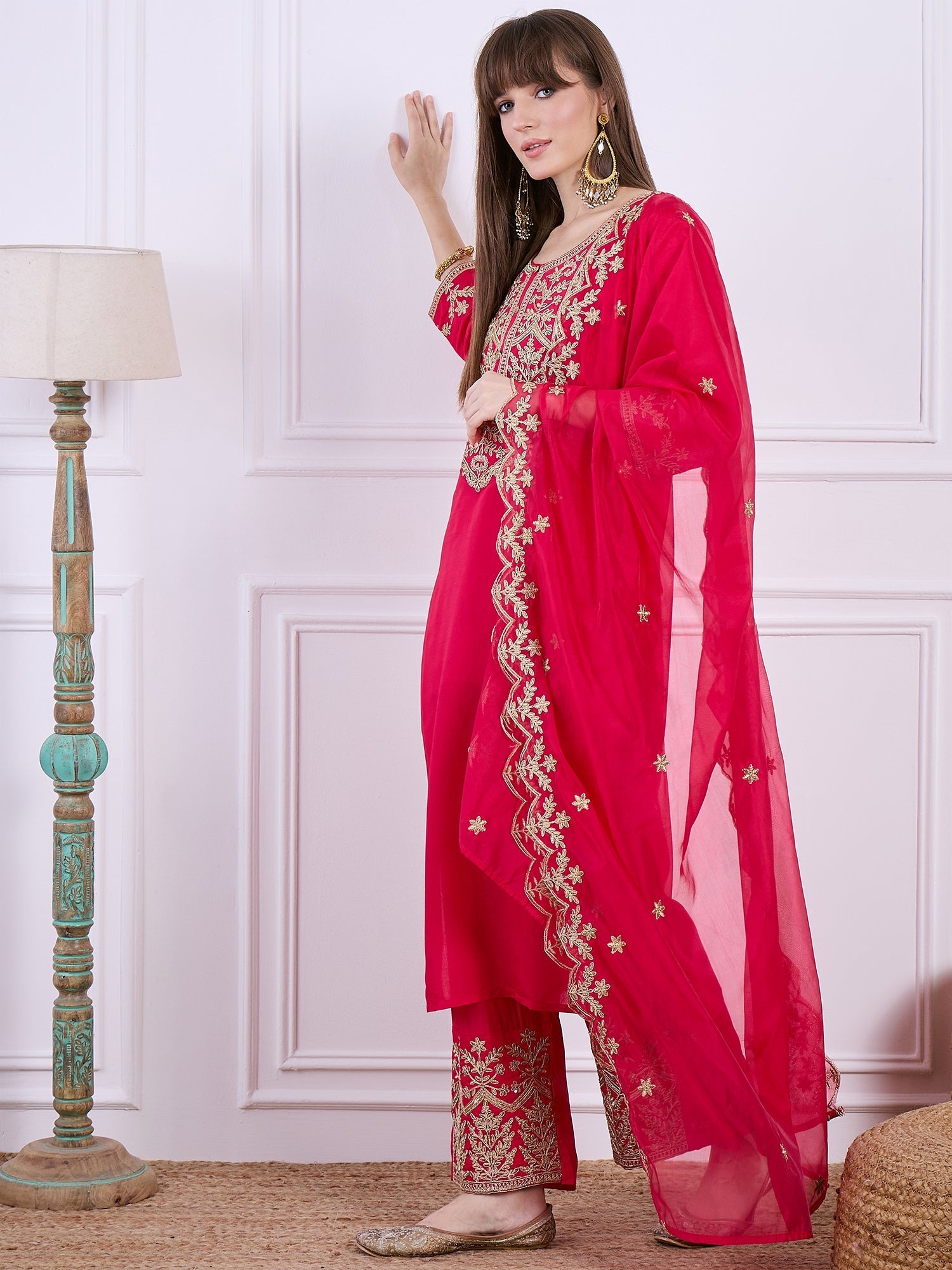 Heer Pink Floral Embroidered Thread Work Kurta with Palazzo & Dupatta Suits - FitVibe Fashion