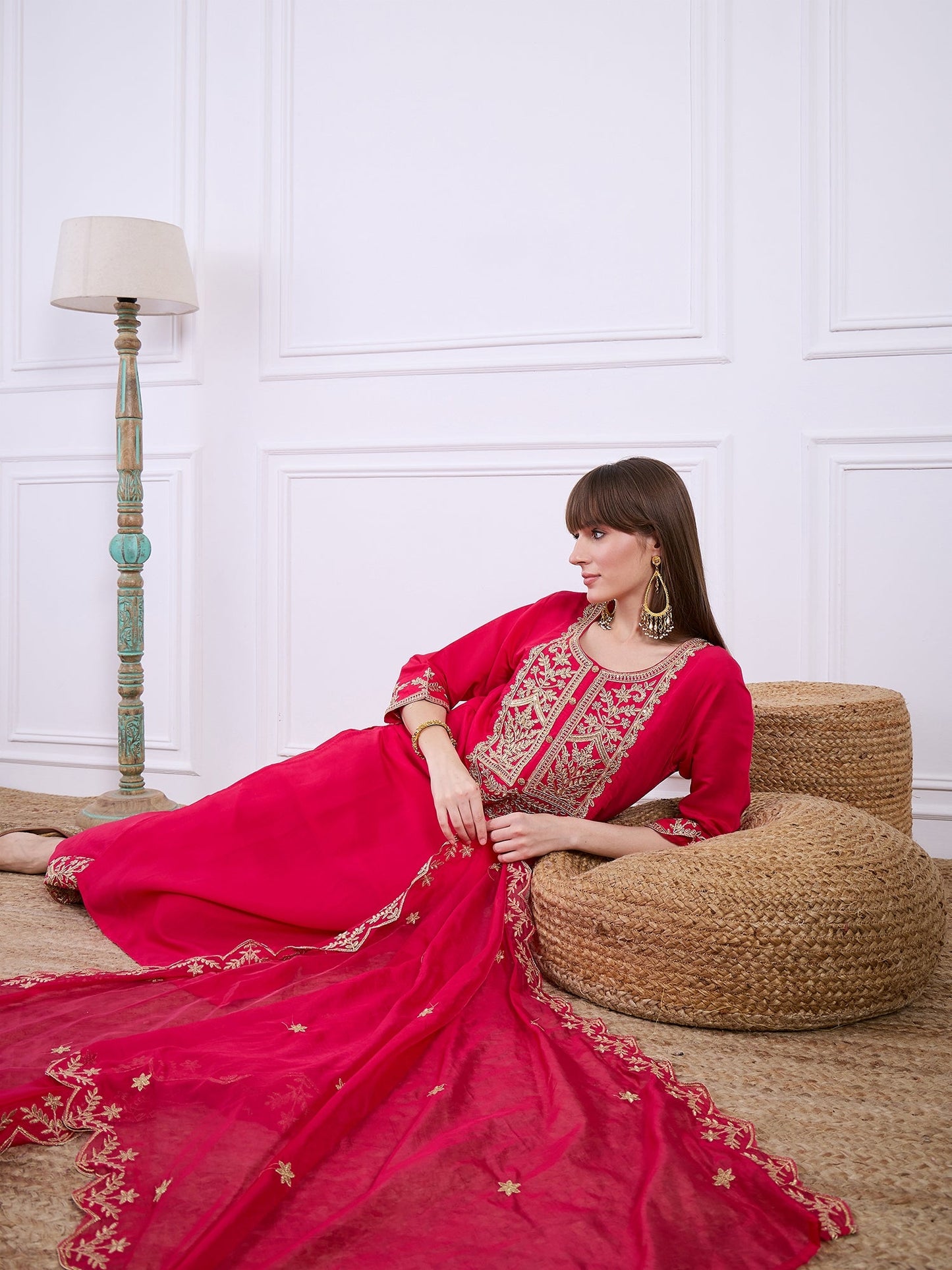 Heer Pink Floral Embroidered Thread Work Kurta with Palazzo & Dupatta Suits - FitVibe Fashion