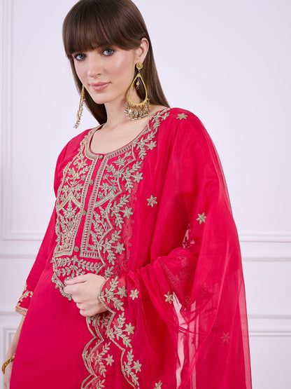 Heer Pink Floral Embroidered Thread Work Kurta with Palazzo & Dupatta Suits - FitVibe Fashion