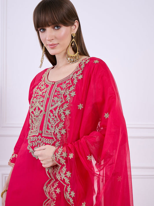 Heer Pink Floral Embroidered Thread Work Kurta with Palazzo & Dupatta Suits - FitVibe Fashion