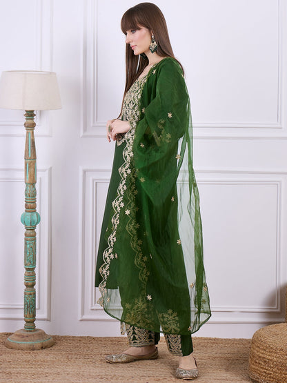 Heer Green Floral Embroidered Thread Work Kurta with Palazzo & Dupatta Suits - FitVibe Fashion
