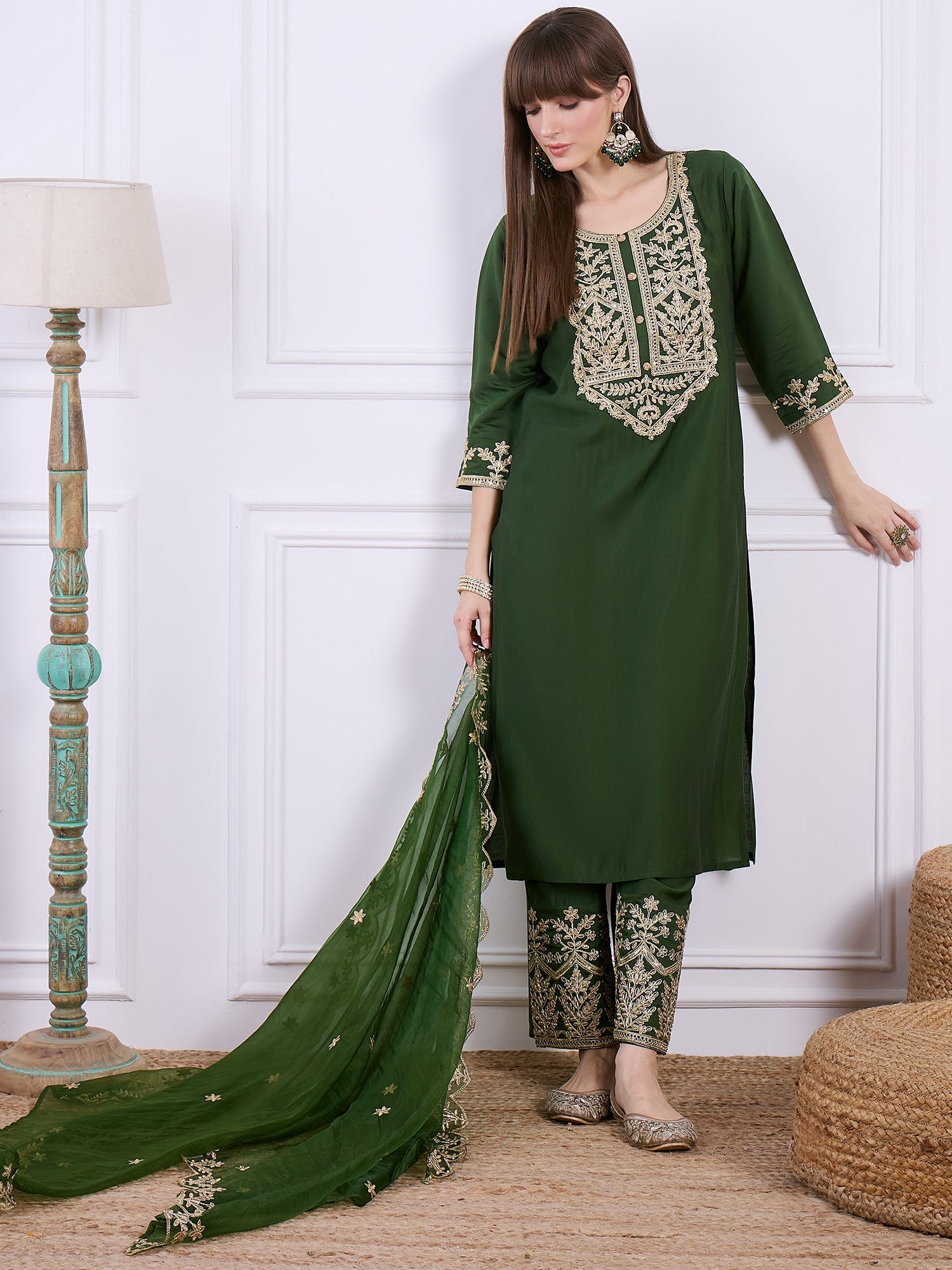 Heer Green Floral Embroidered Thread Work Kurta with Palazzo & Dupatta Suits - FitVibe Fashion