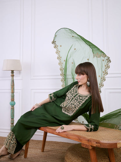 Heer Green Floral Embroidered Thread Work Kurta with Palazzo & Dupatta Suits - FitVibe Fashion