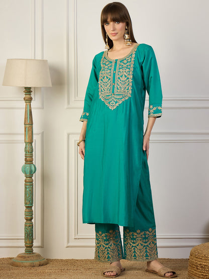 Heer Blue Floral Embroidered Thread Work Kurta with Palazzo & Dupatta Suits - FitVibe Fashion
