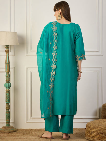 Heer Blue Floral Embroidered Thread Work Kurta with Palazzo & Dupatta Suits - FitVibe Fashion