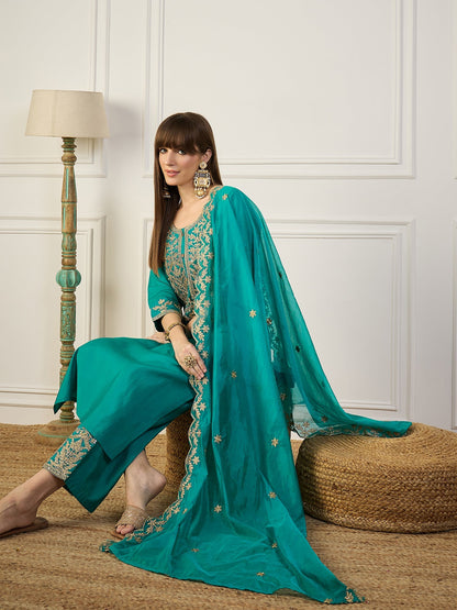 Heer Blue Floral Embroidered Thread Work Kurta with Palazzo & Dupatta Suits - FitVibe Fashion