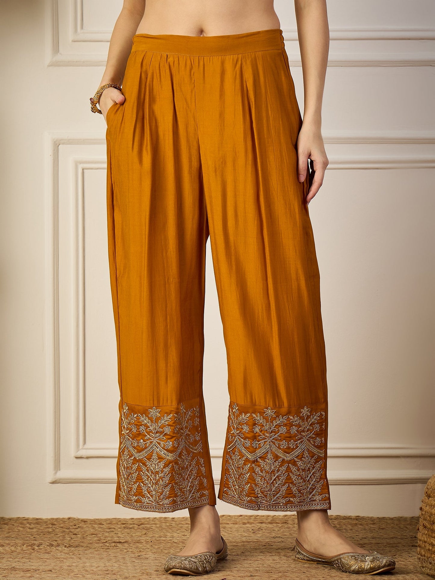 Heer Mustard Floral Embroidered Thread Work Kurta with Palazzo & Dupatta Suits - FitVibe Fashion