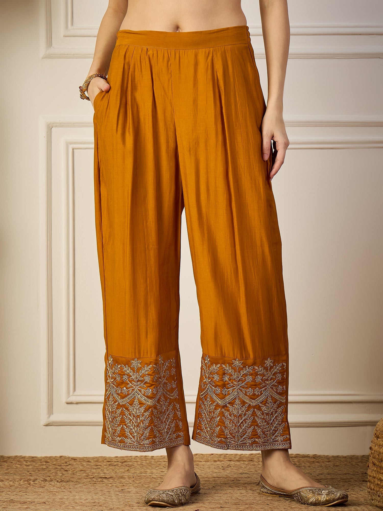 Heer Mustard Floral Embroidered Thread Work Kurta with Palazzo & Dupatta Suits - FitVibe Fashion