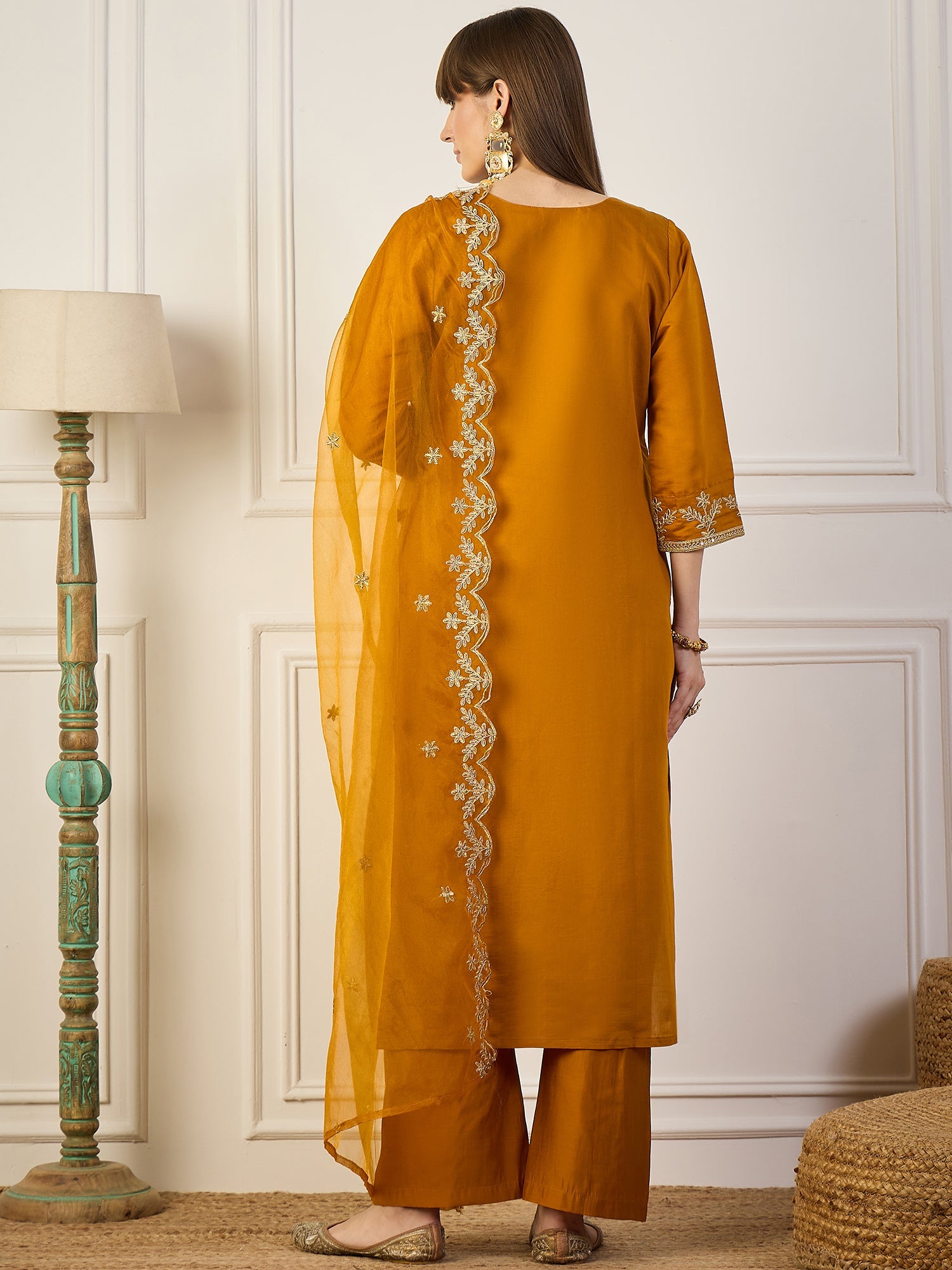 Heer Mustard Floral Embroidered Thread Work Kurta with Palazzo & Dupatta Suits - FitVibe Fashion