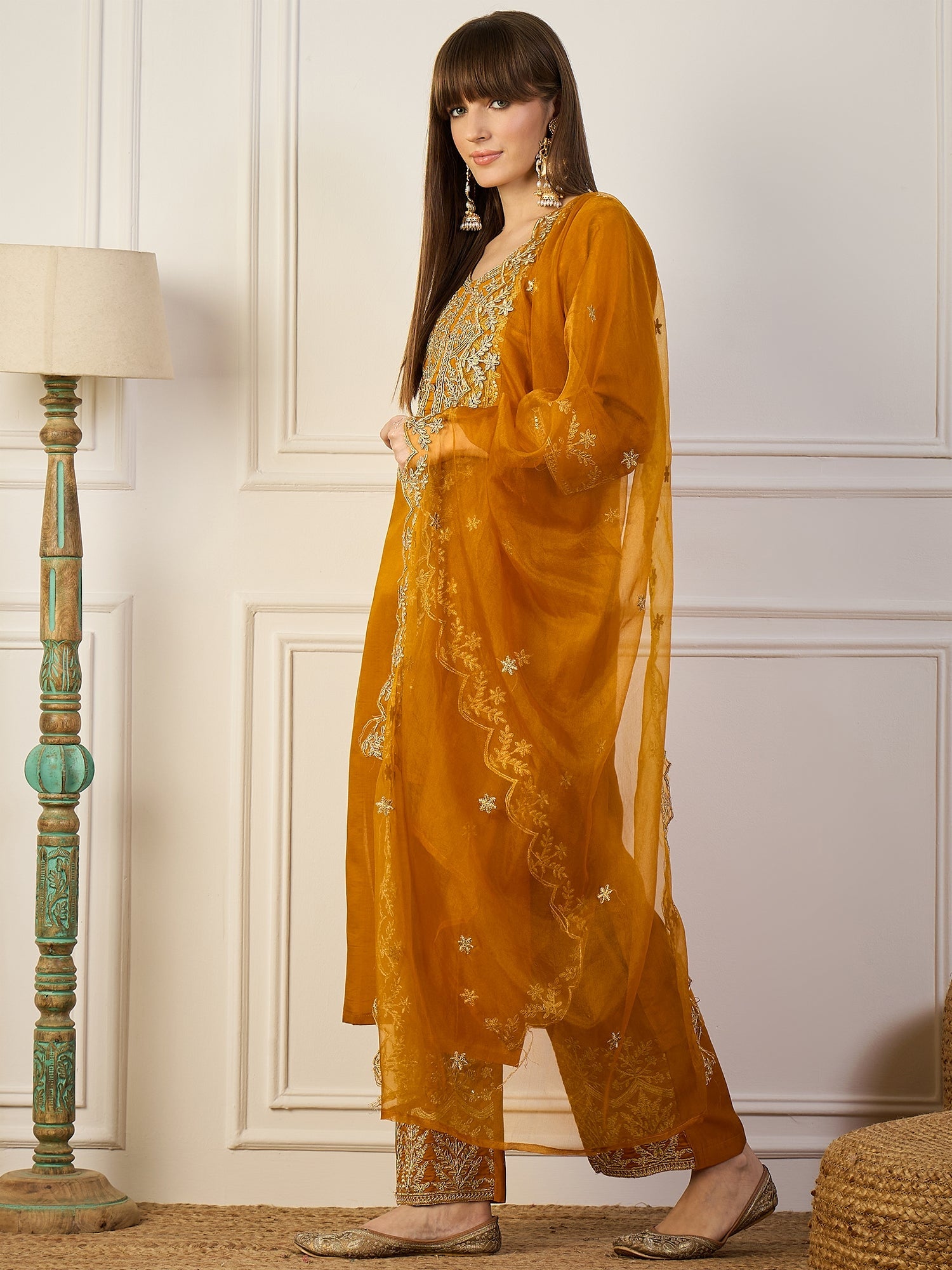 Heer Mustard Floral Embroidered Thread Work Kurta with Palazzo & Dupatta Suits - FitVibe Fashion