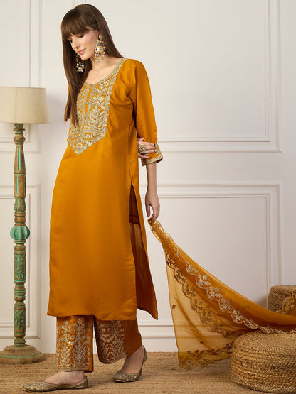 Heer Mustard Floral Embroidered Thread Work Kurta with Palazzo & Dupatta Suits - FitVibe Fashion