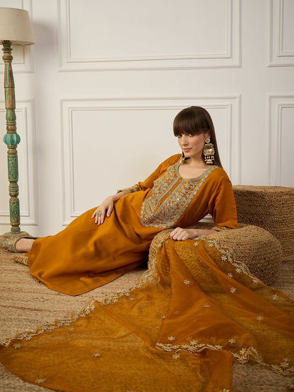 Heer Mustard Floral Embroidered Thread Work Kurta with Palazzo & Dupatta Suits - FitVibe Fashion