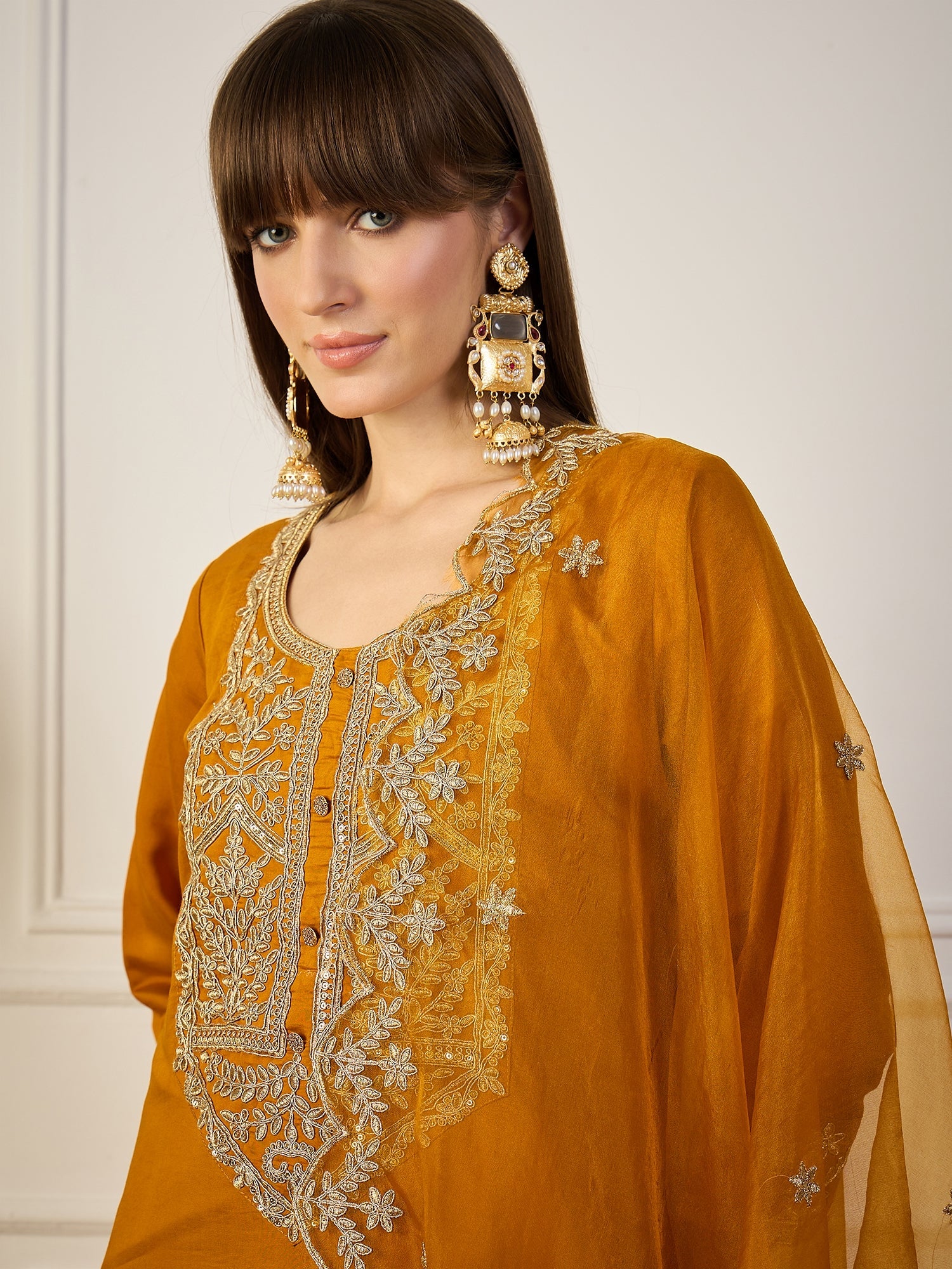Heer Mustard Floral Embroidered Thread Work Kurta with Palazzo & Dupatta Suits - FitVibe Fashion