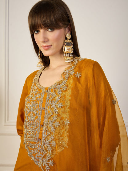 Heer Mustard Floral Embroidered Thread Work Kurta with Palazzo & Dupatta Suits - FitVibe Fashion