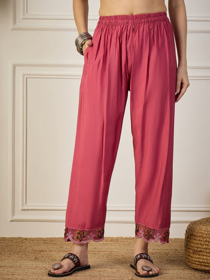 Kaily Pink Silk Embroidered Kurta with Trousers & Dupatta Suits - FitVibe Fashion