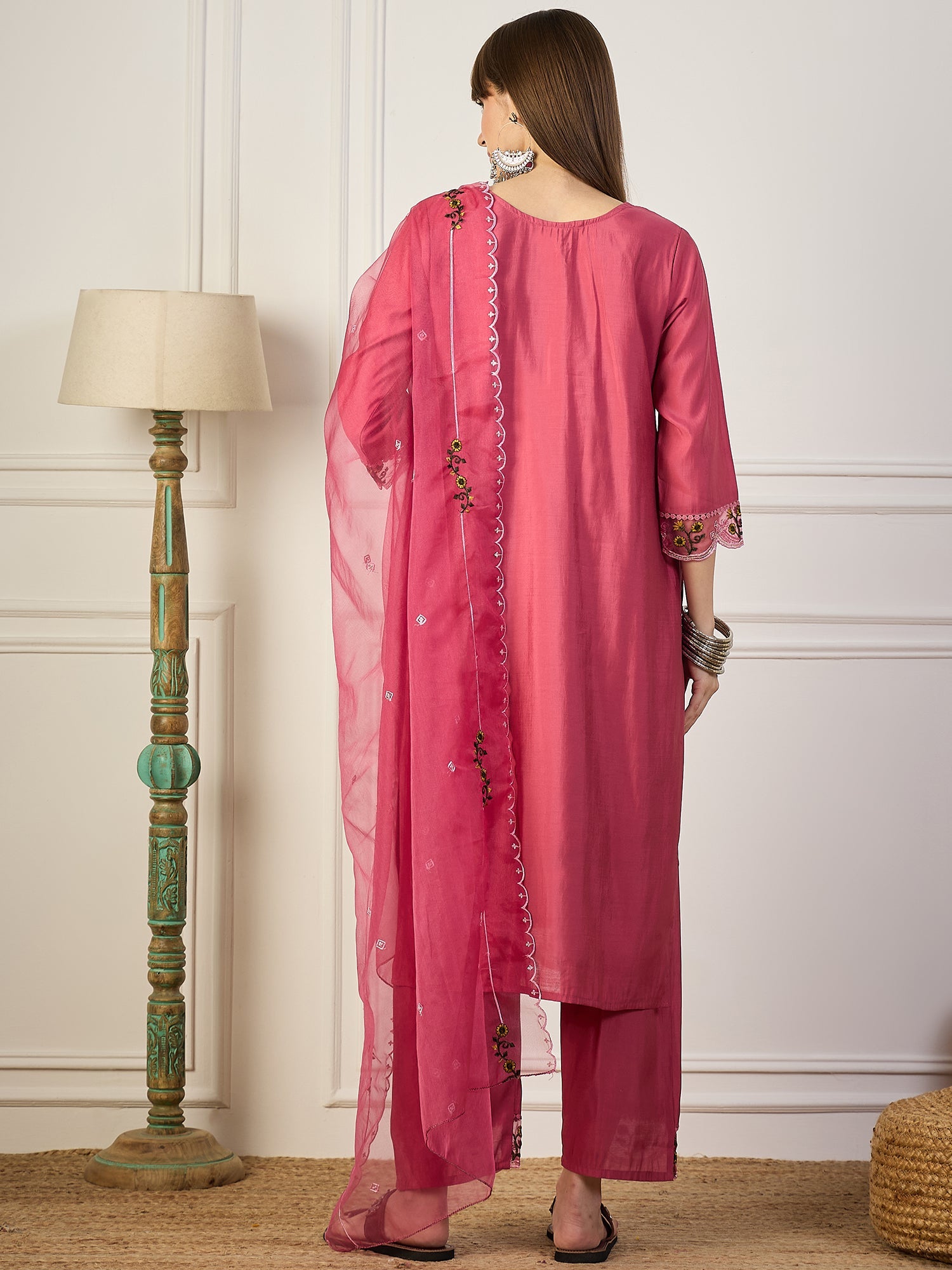 Kaily Pink Silk Embroidered Kurta with Trousers & Dupatta Suits - FitVibe Fashion