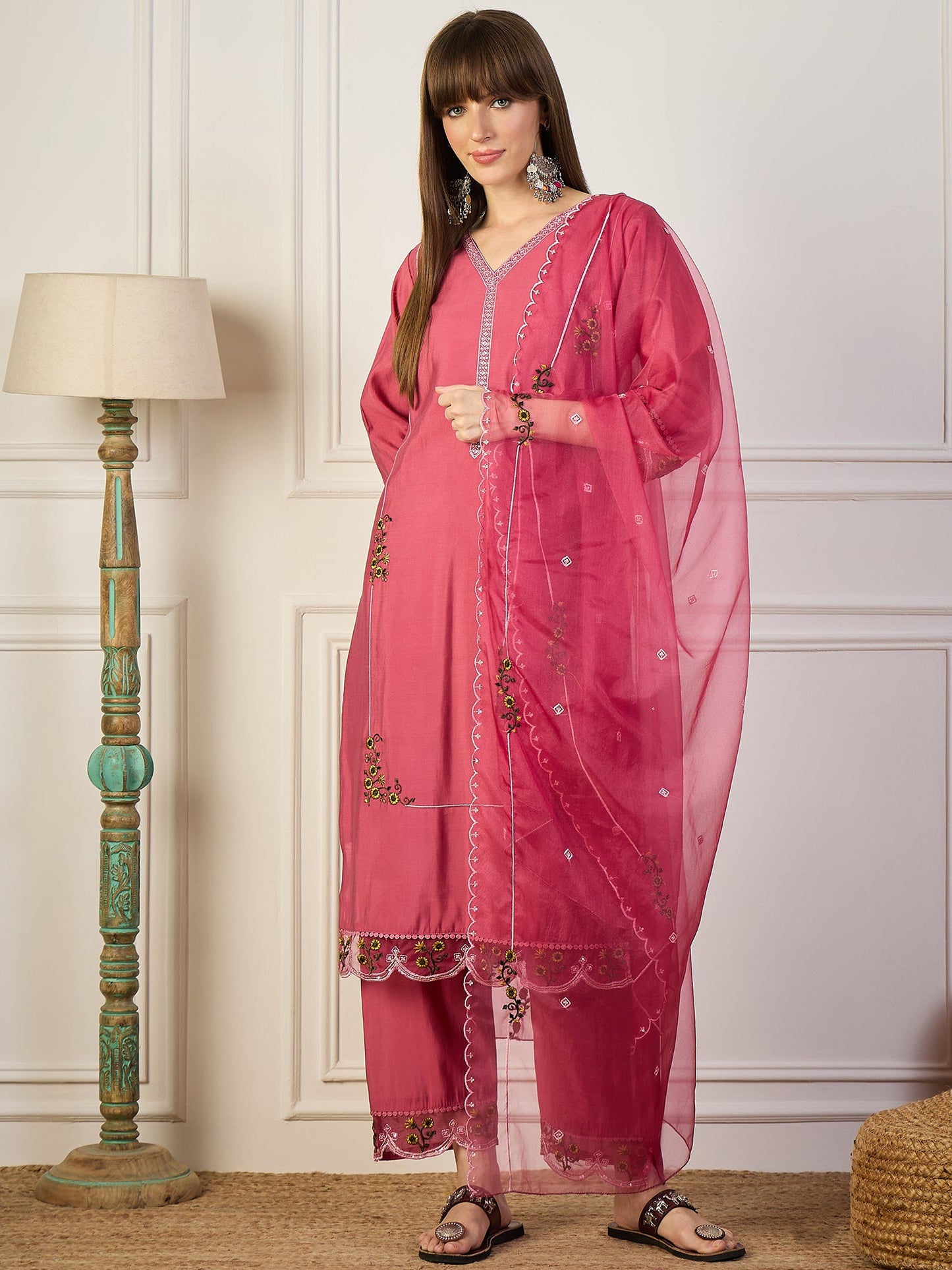 Kaily Pink Silk Embroidered Kurta with Trousers & Dupatta Suits - FitVibe Fashion