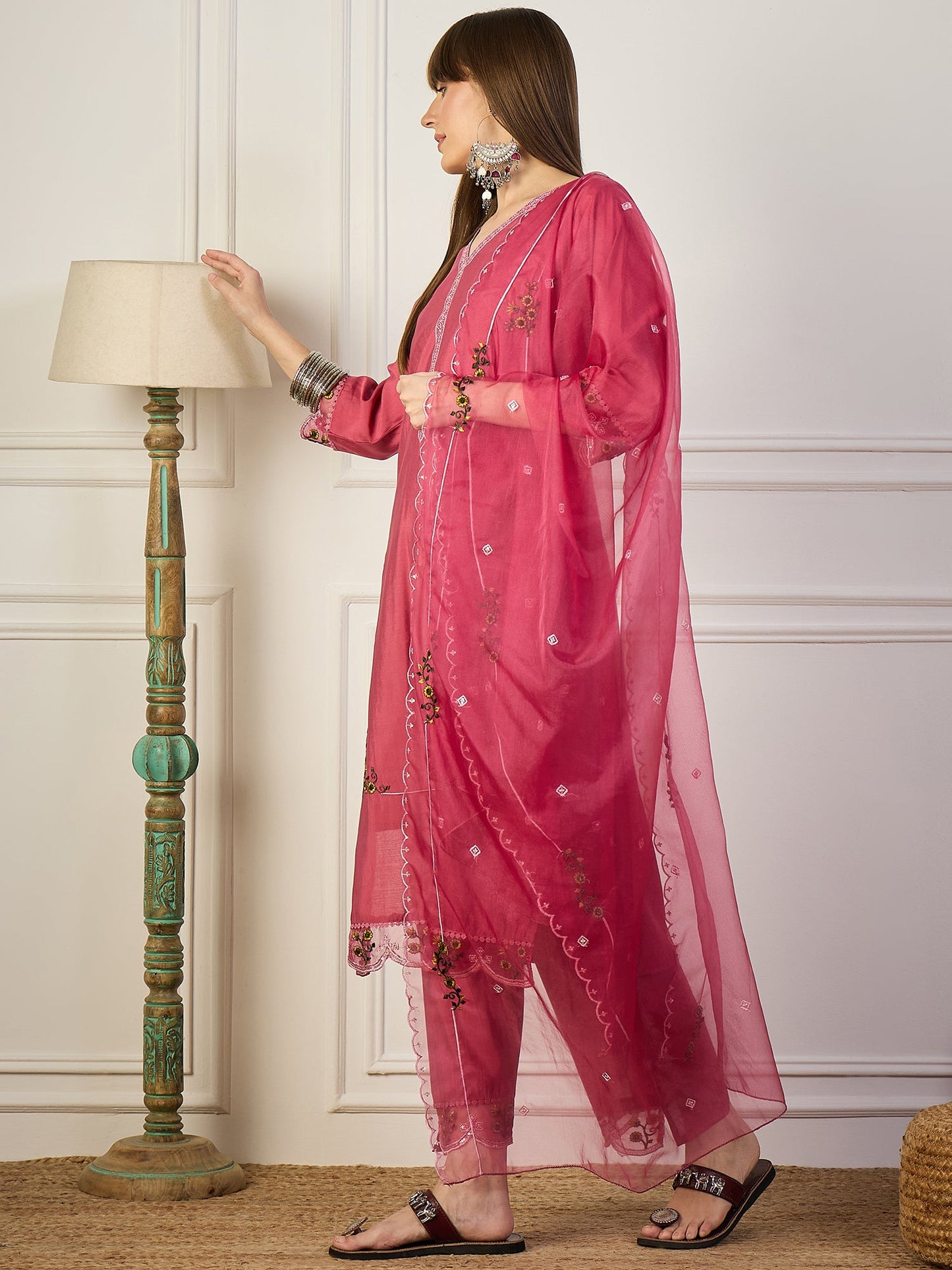 Kaily Pink Silk Embroidered Kurta with Trousers & Dupatta Suits - FitVibe Fashion