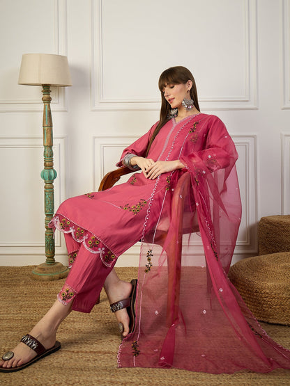 Kaily Pink Silk Embroidered Kurta with Trousers & Dupatta Suits - FitVibe Fashion