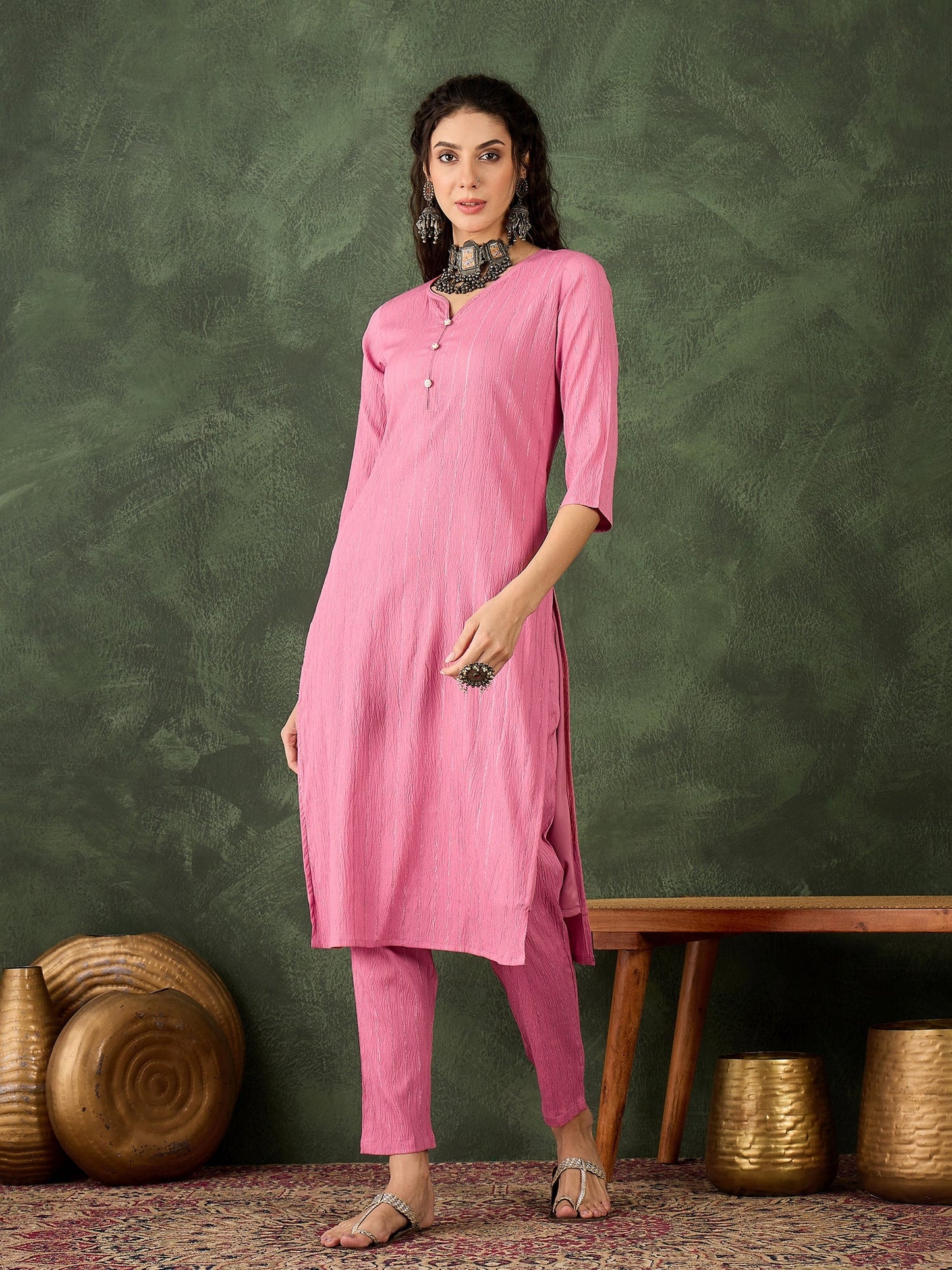Samara Women's Office, Festive Wear Pink Straight Kurta & Pant, Co-ord Set - FitVibe Fashion