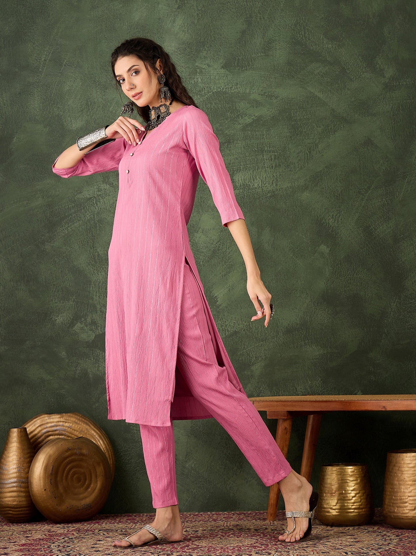 Samara Women's Office, Festive Wear Pink Straight Kurta & Pant, Co-ord Set - FitVibe Fashion