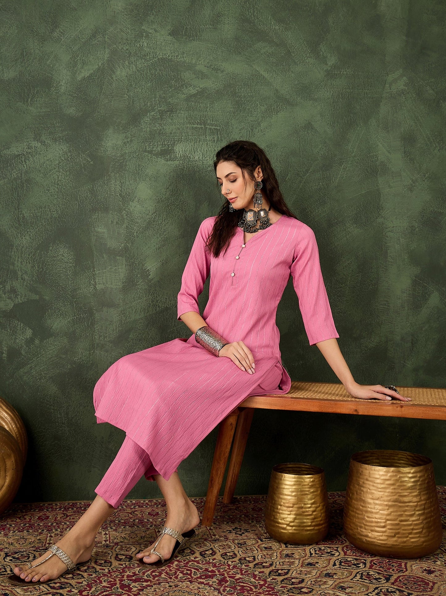 Samara Women's Office, Festive Wear Pink Straight Kurta & Pant, Co-ord Set - FitVibe Fashion