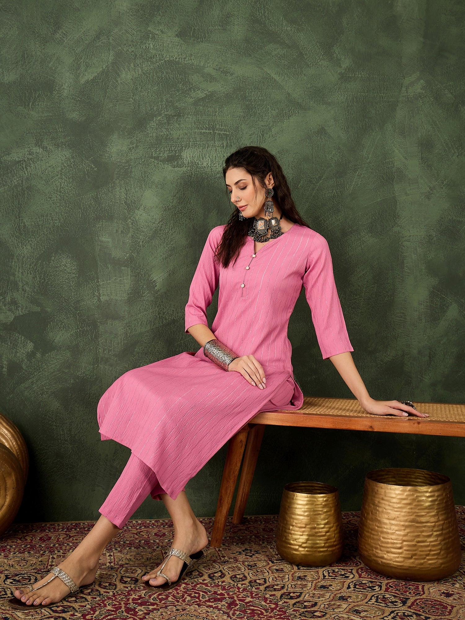 Samara Women's Office, Festive Wear Pink Straight Kurta & Pant, Co-ord Set - FitVibe Fashion