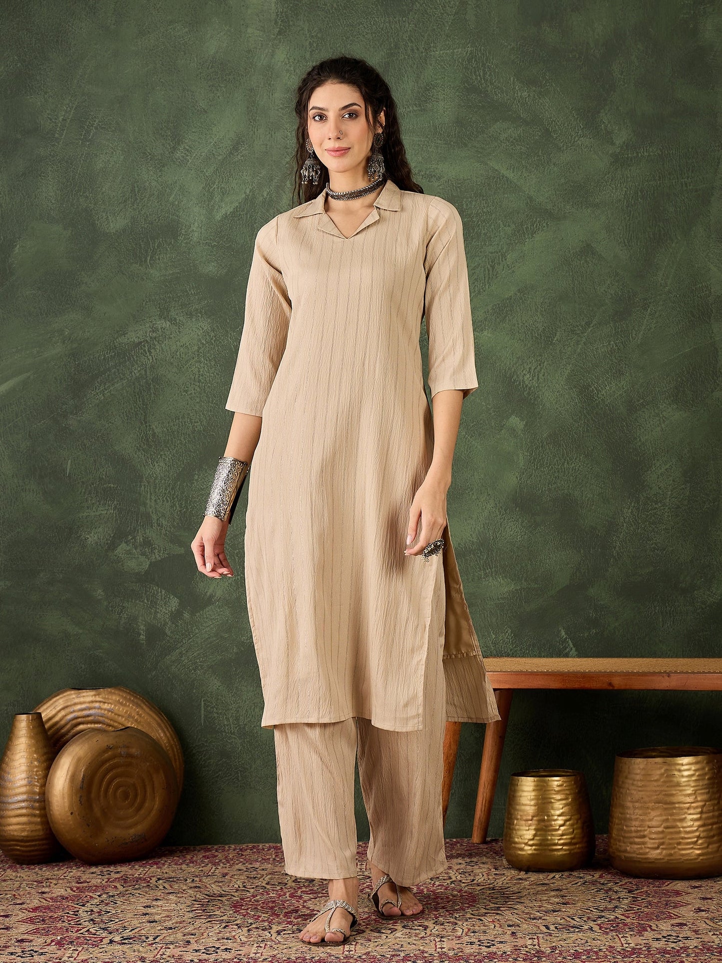 Samara Women's Office, Festive Wear Cream Straight Kurta & Pant, Co-ord Set - FitVibe Fashion