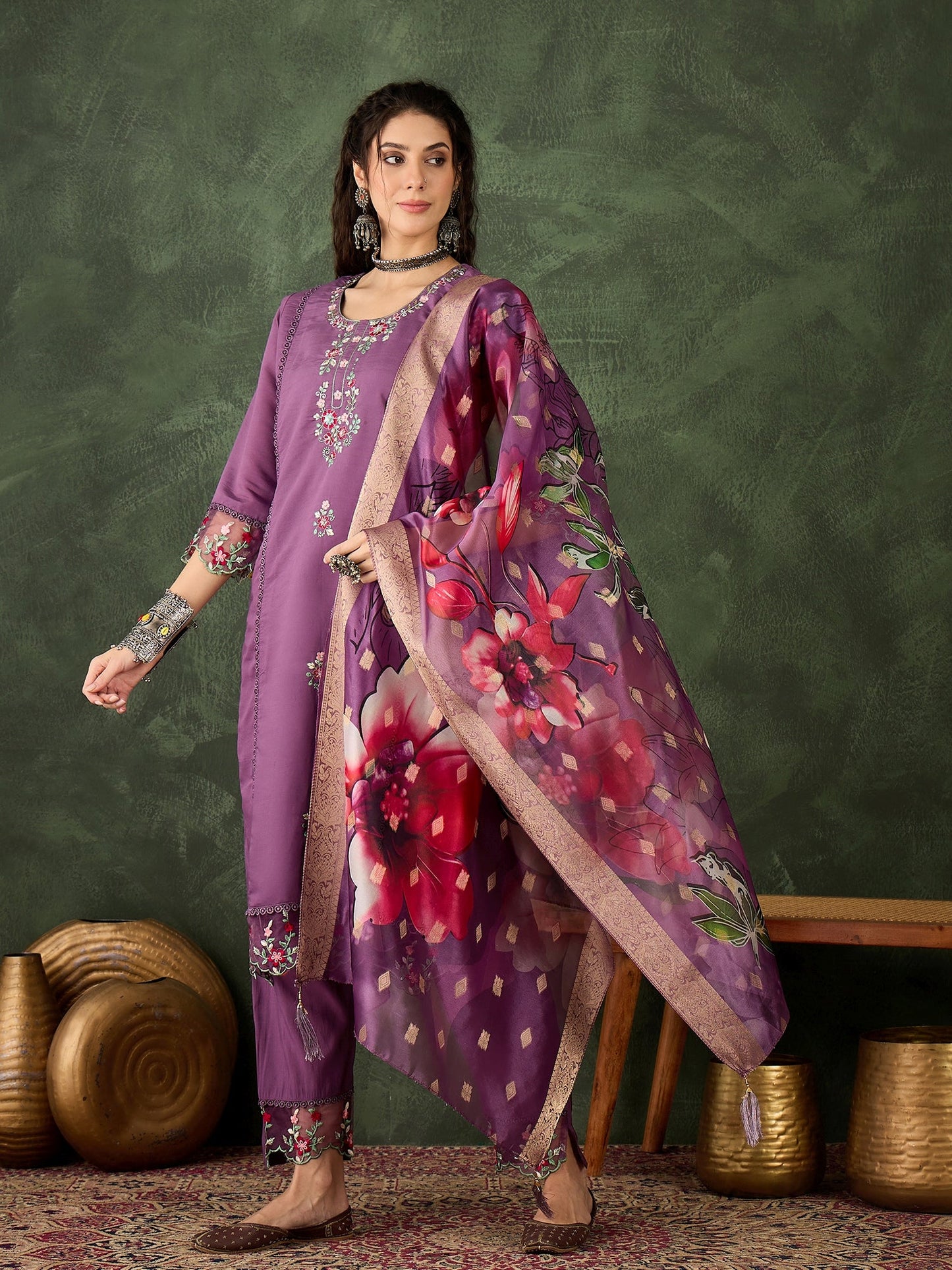 Roop Lavender Solid Silk Blend Straight Suit With Dupatta - FitVibe Fashion