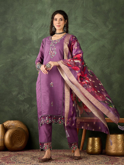 Roop Lavender Solid Silk Blend Straight Suit With Dupatta - FitVibe Fashion