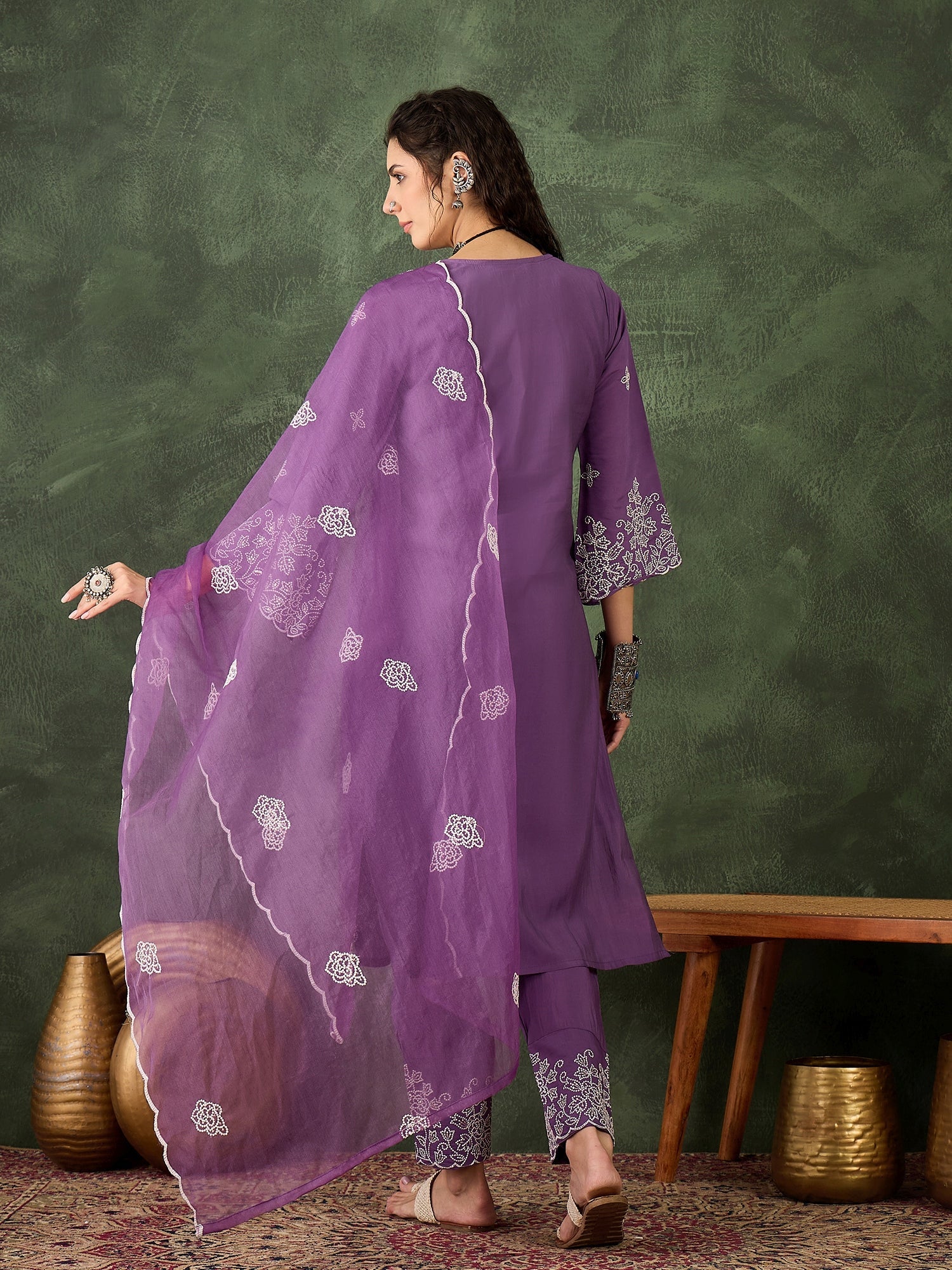 Mahi Solid Floral Embroidered Straight Fit Kurta with Pant & Dupatta - FitVibe Fashion