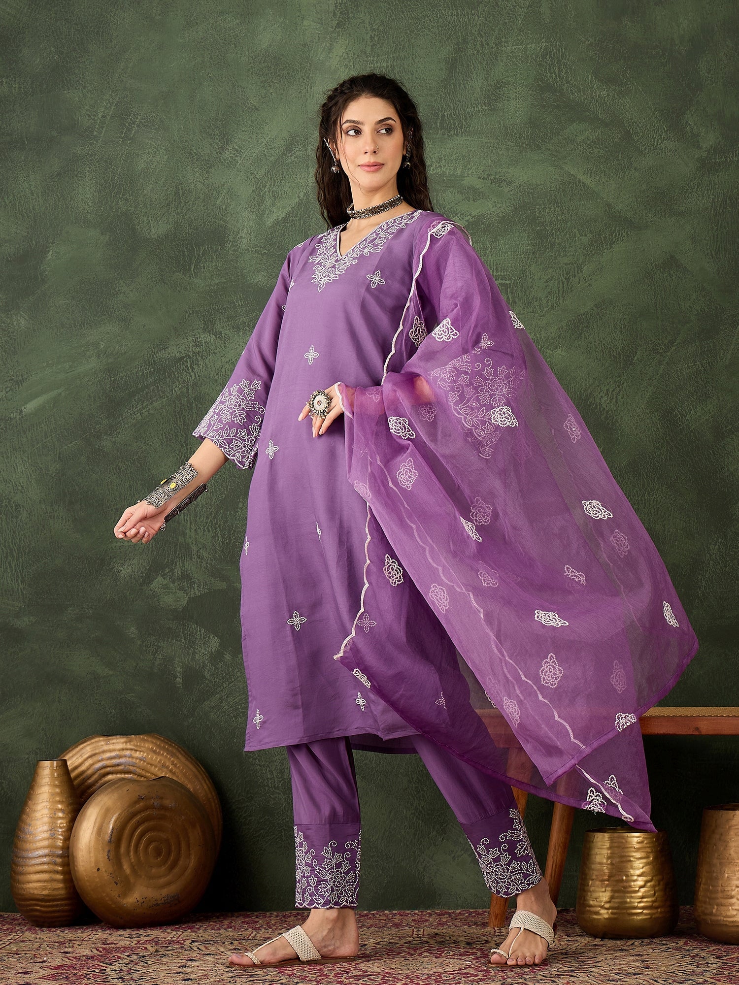 Mahi Solid Floral Embroidered Straight Fit Kurta with Pant & Dupatta - FitVibe Fashion
