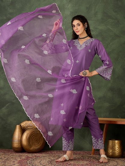 Mahi Solid Floral Embroidered Straight Fit Kurta with Pant & Dupatta - FitVibe Fashion
