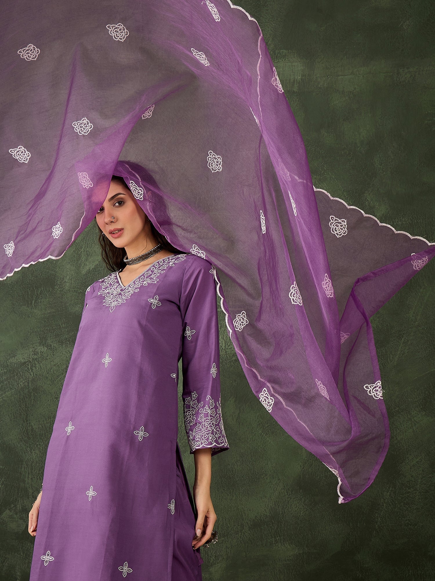 Mahi Solid Floral Embroidered Straight Fit Kurta with Pant & Dupatta - FitVibe Fashion