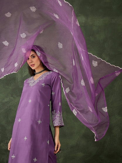 Mahi Solid Floral Embroidered Straight Fit Kurta with Pant & Dupatta - FitVibe Fashion