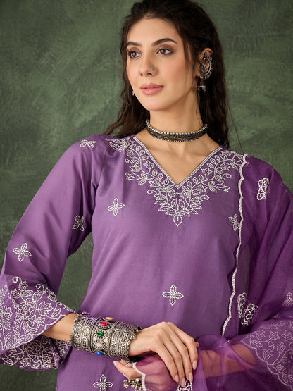 Mahi Solid Floral Embroidered Straight Fit Kurta with Pant & Dupatta - FitVibe Fashion