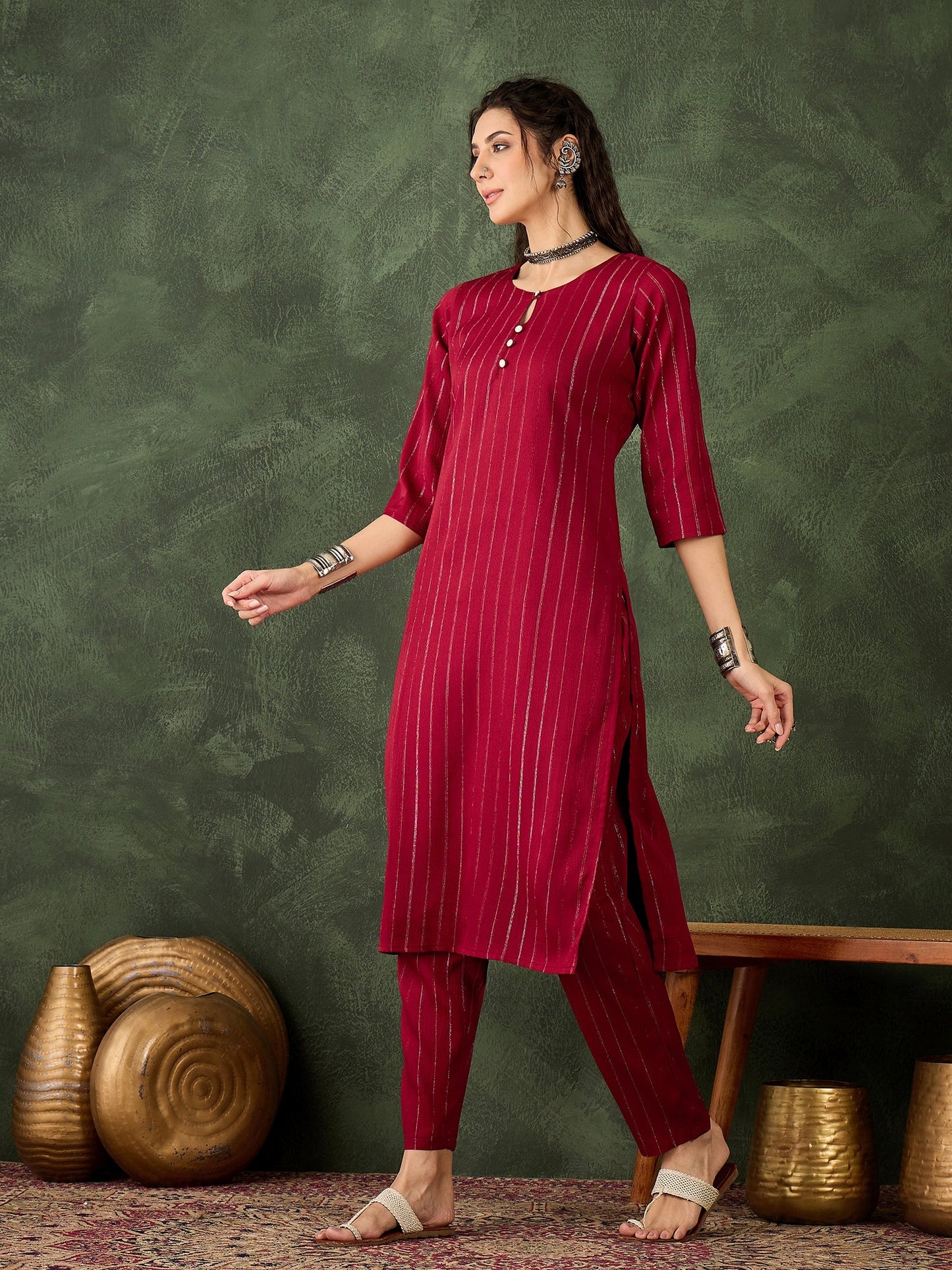 Samara Women's Office, Festive Wear Maroon Straight Kurta & Pant, Co-ord Set - FitVibe Fashion