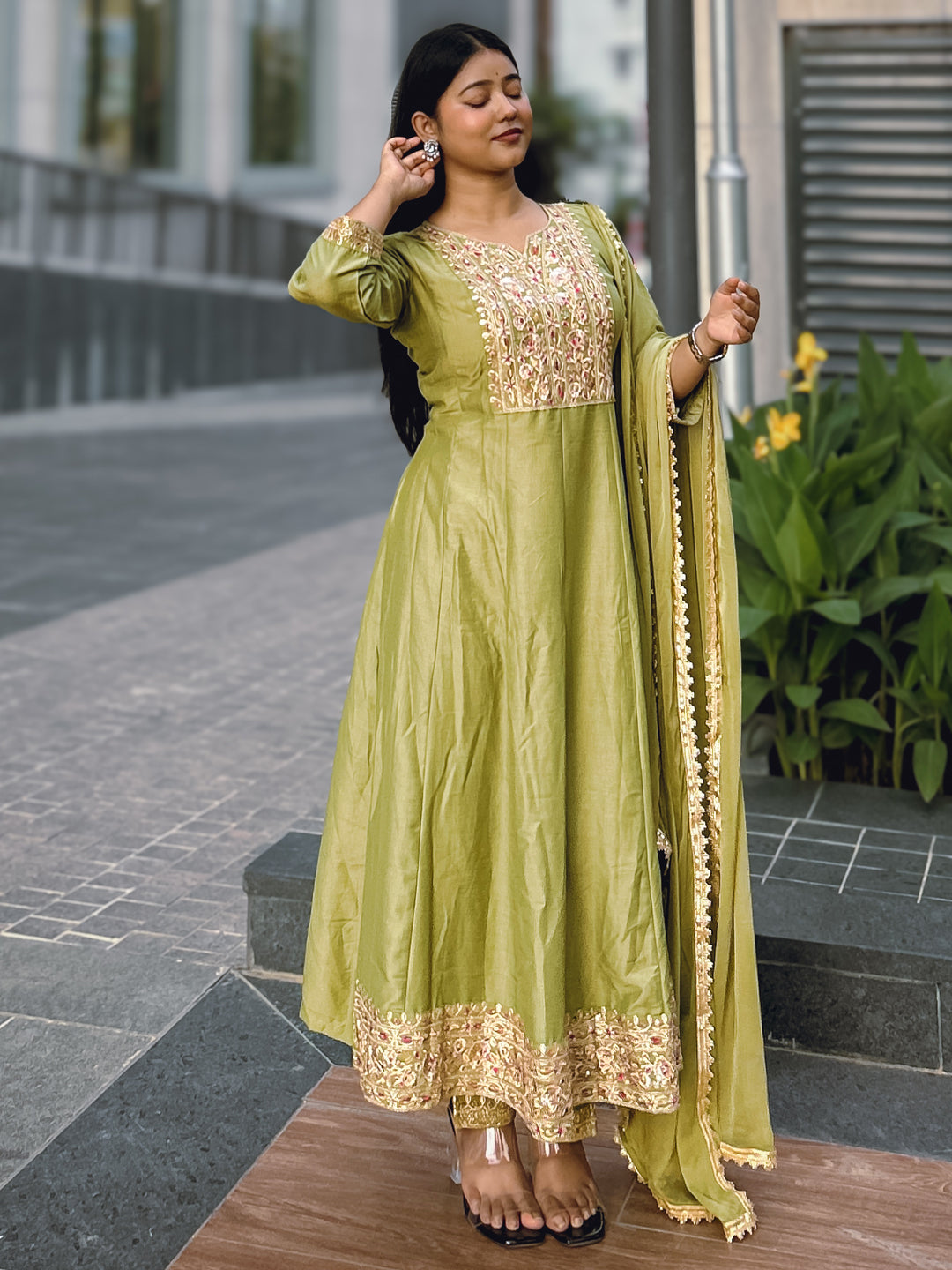Anushka Mehndi Festive Embroidered Russian Silk Mehndi Anarkali Set - FitVibe Fashion