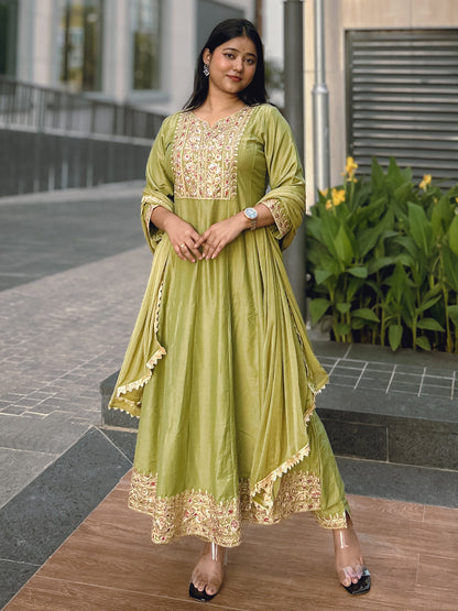 Anushka Mehndi Festive Embroidered Russian Silk Mehndi Anarkali Set - FitVibe Fashion