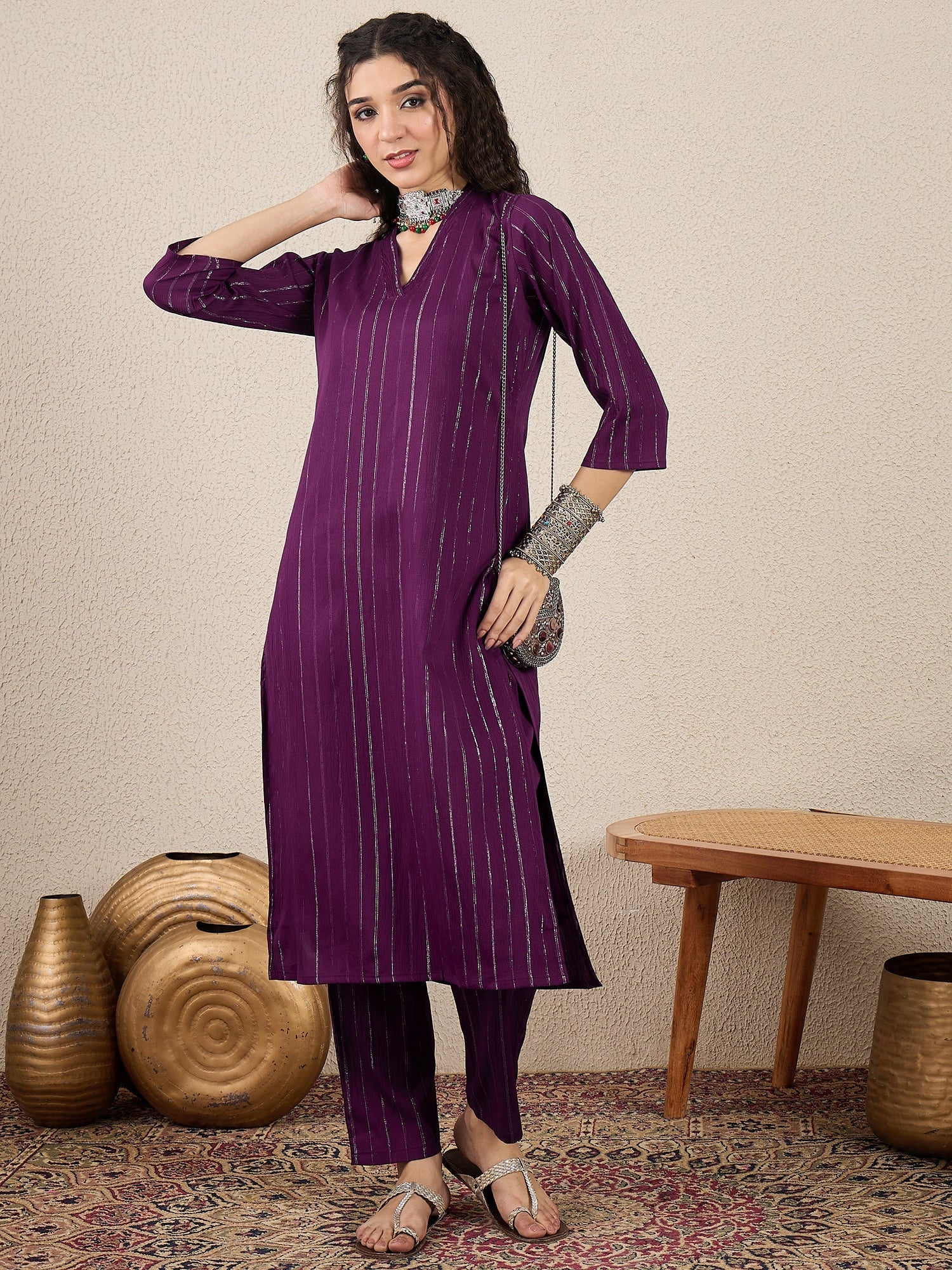 Samara Women's Office, Festive Wear Purple Straight Kurta & Pant, Co-ord Set - FitVibe Fashion