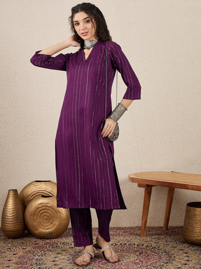 Samara Women's Office, Festive Wear Purple Straight Kurta & Pant, Co-ord Set - FitVibe Fashion