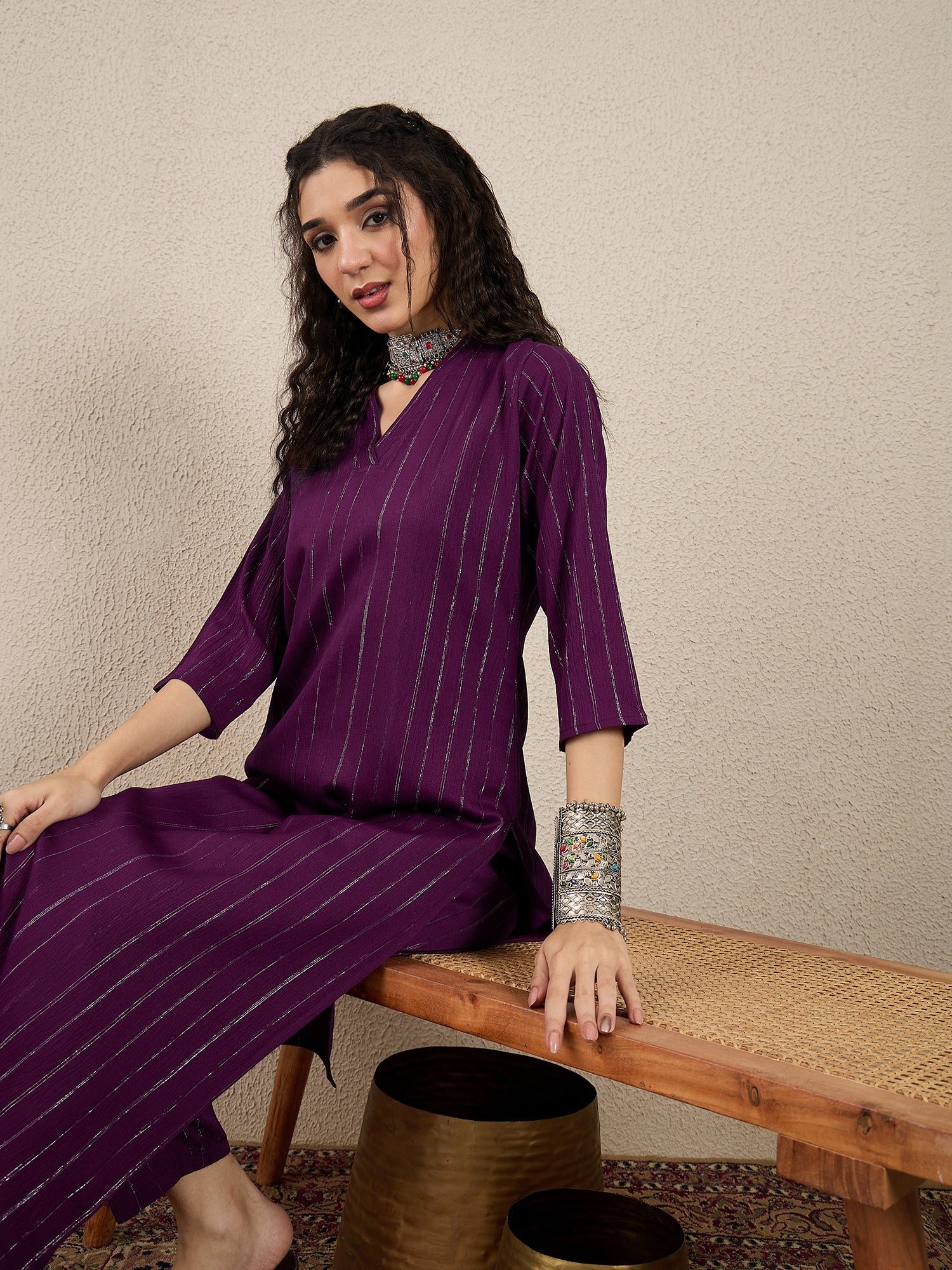 Samara Women's Office, Festive Wear Purple Straight Kurta & Pant, Co-ord Set - FitVibe Fashion